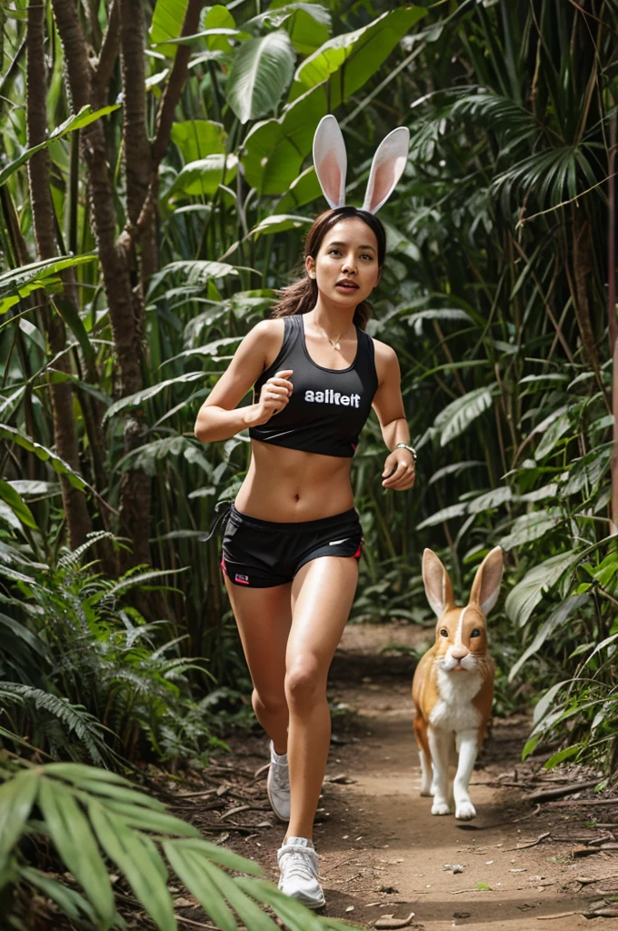 Rabit running in the jungle for save her kids realistic