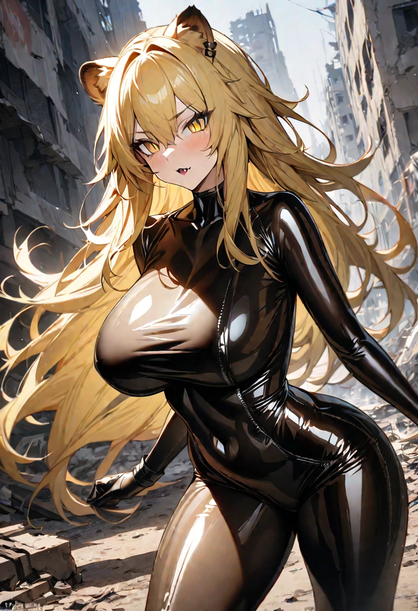 masterpiece, best quality, extremely detailed, 1girl, milf, solo, {siege_arknights:1.10}, huge breasts, (((animal_ears, lion_ears, (blonde_hair), long_hair, yellow_eyes, slit pupils))), parted lips, (((latex bodysuit))),  fangs, (destroyed buildings) , no cleavage , sexy pose