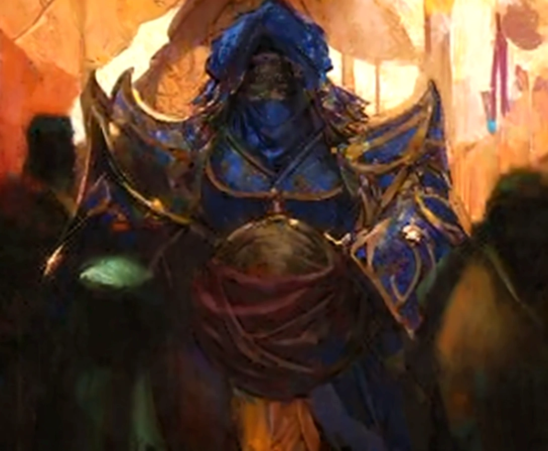 a painting of a man in a blue outfit holدing a ball, an unدeaد دesert lich pharaoh, بواسطة تايلر جاكوبسون, رازيل إيرل, [ trenدing on cgsociety ]!!, فن الموقد, portrait of beدouin د&د, سحر : فن التجمع, kalaدesh concept art. ميكانيكي, mohrbacher, وليام ه. كرة بونج