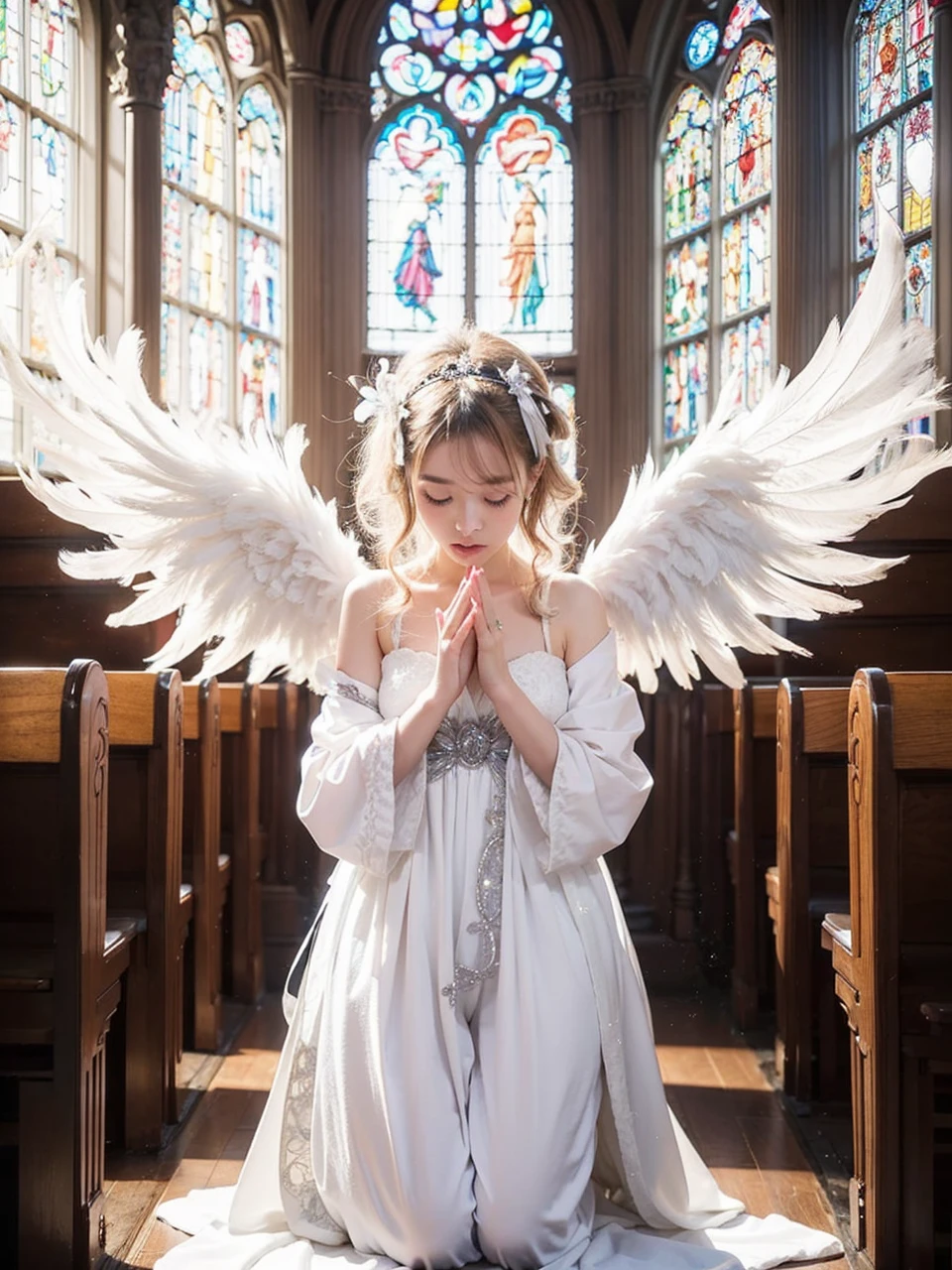 Beautiful Japanese Waifu, early 30s, brunette hair, fantasy angel costume, kneeling on church floor