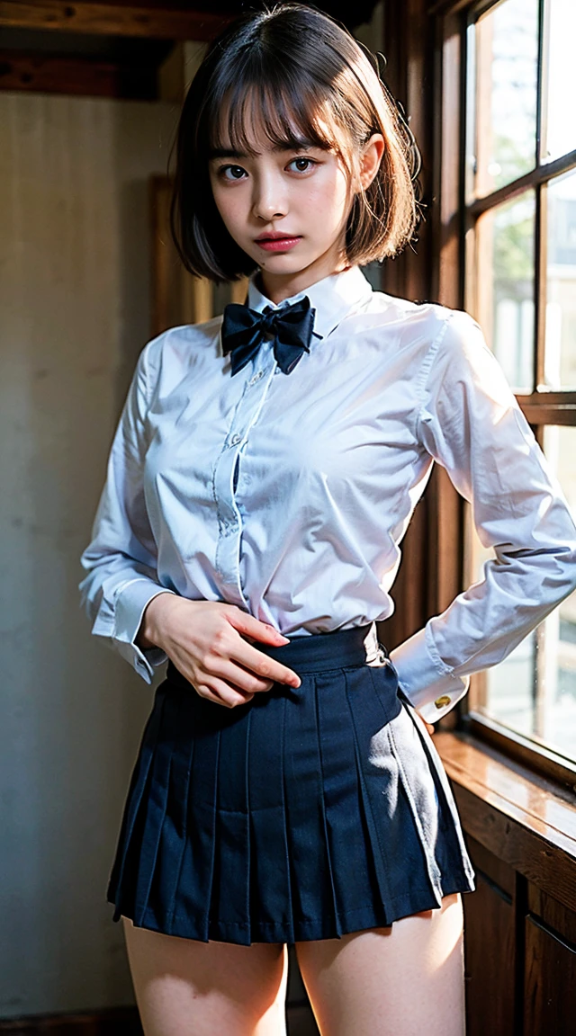 (8K、Raw photo、Highest quality、masterpiece:1.2),(Spread your legs wide,Legs wide open),(Long Bob Cut),Staring at the audience,Viewed from the front,strong,erotic,student,Light green Bra,White skin,knees,(Black Pantyhose),Absurd,Small Face,前hairを真ん中から分ける、The forehead is visible,(Embarrassed,eyeを細めて,Glare,strong,skinny,Sanding,Rage)、masterpiece,Highest quality、Ultra-high resolution,Raw Panties,Len,Beautiful poop,One person, solo,whole body、cute、Back to Students,JK ,high school girl,Japanese women,standing,(Photorealistic:1.37)、Photon Mapping,Realistic、cute顔,茶色のeye、Black socks、(Red bow tie)、Radio City、物理ベースLenダリング、prospect、Depth of written boundary、Blurred Background、picture,Girls、body,Beautiful feet, Long legs, Thin legs,Tie your hair into one strand on your chest,(前hairが見える), hair, Lips, green_eye, Nose Soft,(Light blue shirt), (Navy, blue and white checkered pleated skirt), kneesが見える,See-through clothing,, thigh, black cotton socks,Nogizaka idol, , Japanese Ido、Big ample breasts、Cleavage、Unbutton your shirt to reveal your chest、(The detailed shape of a woman's pubic hair is clearly visible: 1.4), Masturbation Girl,whole body写真、Roll up the skirt yourself、Super Definition、loafers、No pants、No pants、Very good、Very good、No pubic hair、The genitals are wet、In a hotel bed、Dimly lit room、Black kneese-high stockings、Black kneese-high socks、