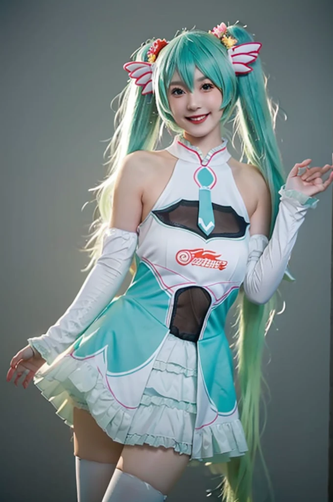 best quality, masterpiece, realistic, photorealistic, 1girl, solo, looking at viewer, smile, standing, cowboy shot, hatsune miku cosplay costume, cosplay, racing miku, hatsune miku, twintails, very long hair, aqua hair, hair ornament, dress, sleeveless, bare shoulders, detached sleeves, thighhighs, grey background, 