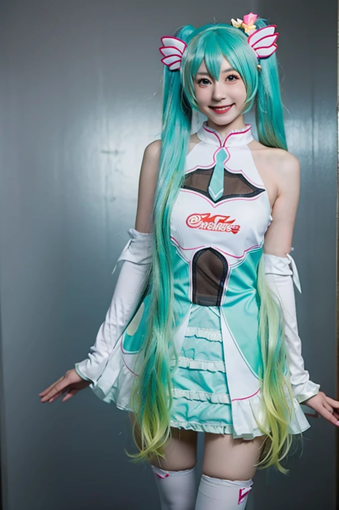 best quality, masterpiece, realistic, photorealistic, 1girl, solo, looking at viewer, smile, standing, cowboy shot, hatsune miku cosplay costume, cosplay, racing miku, hatsune miku, twintails, very long hair, aqua hair, hair ornament, dress, sleeveless, bare shoulders, detached sleeves, thighhighs, grey background,