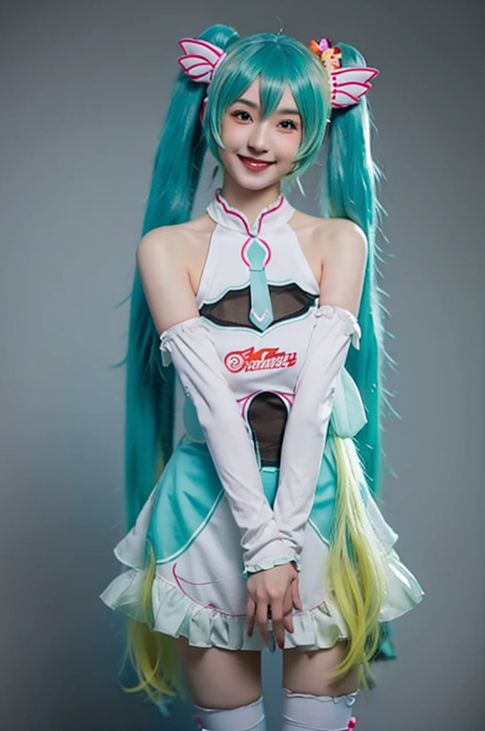 best quality, masterpiece, realistic, photorealistic, 1girl, solo, looking at viewer, smile, standing, cowboy shot, hatsune miku cosplay costume, cosplay, racing miku, hatsune miku, twintails, very long hair, aqua hair, hair ornament, dress, sleeveless, bare shoulders, detached sleeves, thighhighs, grey background, 