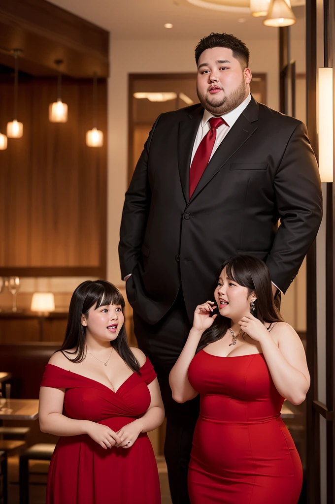 A fat guy in a suit and a chubby girl in a red dress are embarrassed and talking in a fancy restaurant