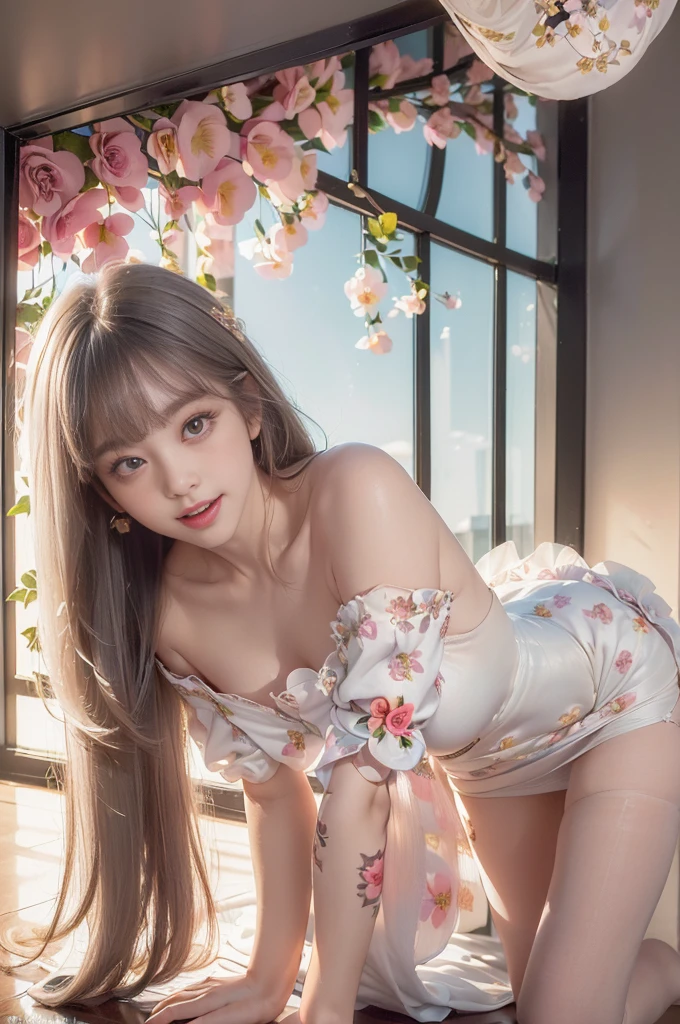 ((Girl getting on all fours in office)),(((posterior view)))、 Silver hair, Bangs, Blunt bangs, Long straight hair, aqua eyes, longeyelashes, Solid Circle Eyes, makeup, Open mouth, blush, Parted lips, Bright pupils, smiley, Seductive smile, glint, surrealism, Modern、Black pantyhose、high-heels、((Pure white dress、Floral dress、、off shoulders、up skirt: 1.6))、Skyscrapers are hazy in the windowix4、((Black lace panties))、((stick out buttocks))、Provocative、