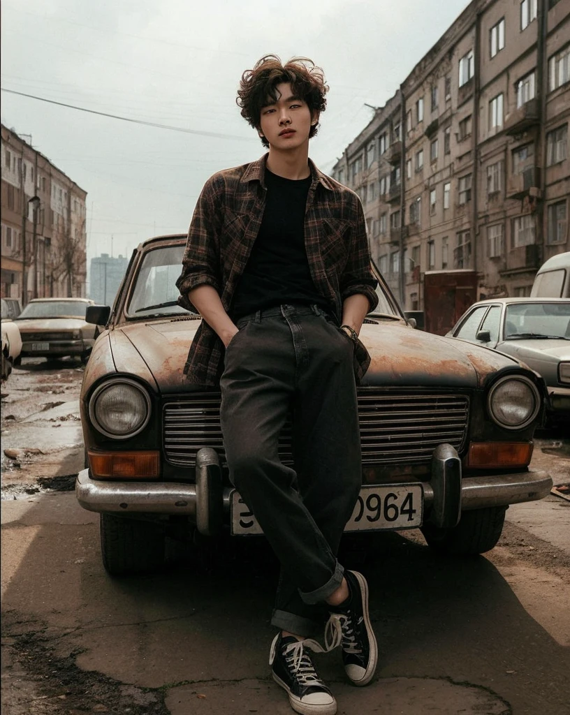 Nostalgic photo of a Korean man with curly hair,wearing a flannel shirt and black t-shirt,pants jeans and sneakers,standing leaning in front of a rusty old car from the Soviet era,most likely from the 1990s.The vehicle was parked on a damaged and potholed road,surrounded by dilapidated buildings in a Russian city.The atmosphere is reminiscent of the past,with a sense of fading glory and a hint of melancholy,dynamic lighting,handsome poses,friendly eyes looking at the camera