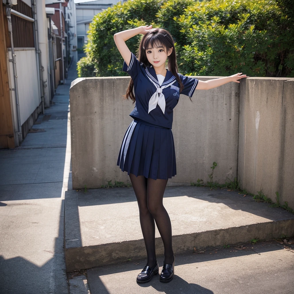 (((young Japanese girl jumping  wearing high school uniform))),(full body shot:2),  natural lighting, ultra sharp focus,huge breasts, ((beautiful face)), wearing pantyhose, wearing short sleeve, photo-realistic 