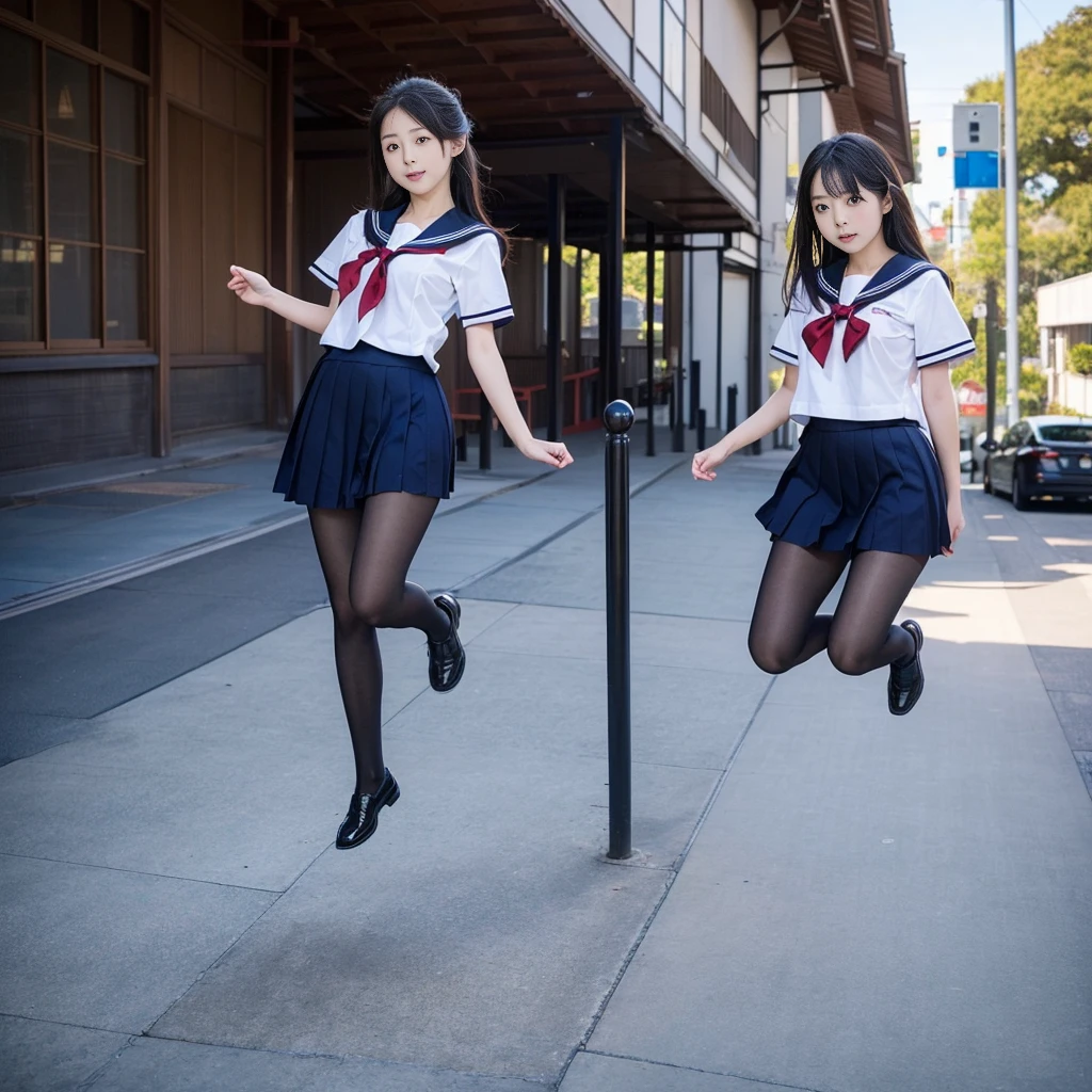 (((young Japanese girl jumping  wearing high school uniform))),(full body shot:2),  natural lighting, ultra sharp focus,huge breasts, ((beautiful face)), wearing pantyhose, wearing short sleeve, photo-realistic 