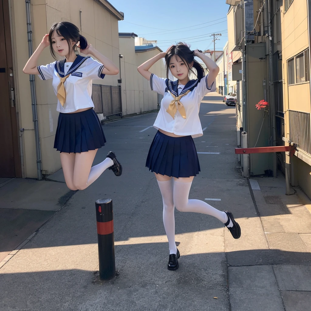 (((young Japanese girl jumping  wearing high school uniform))),(full body shot:2),  natural lighting, ultra sharp focus,huge breasts, ((beautiful face)), wearing pantyhose, wearing short sleeve, photo-realistic 