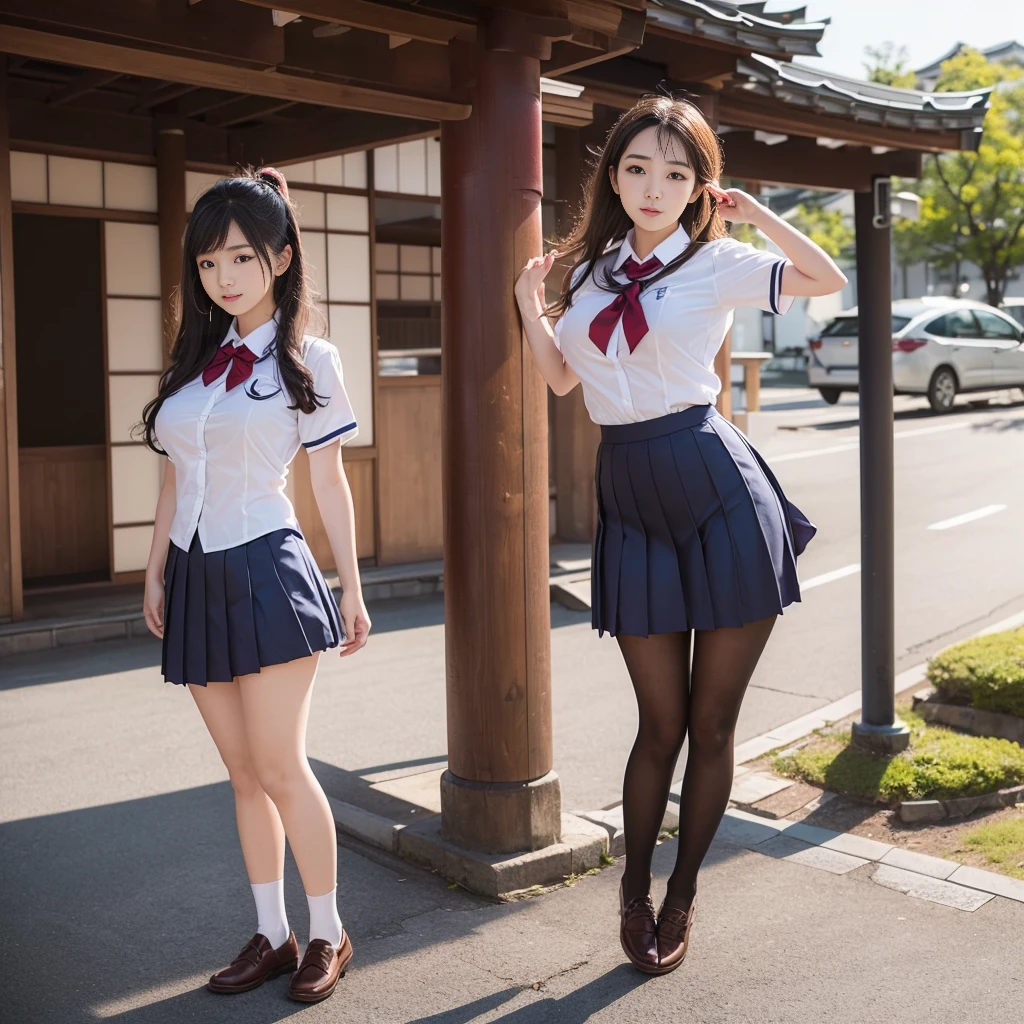 (((young Japanese girl jumping wearing high school uniform))),(full body shot:2), natural lighting, ultra sharp focus,huge breasts, ((beautiful face)), wearing pantyhose, wearing short sleeve, photo-realistic