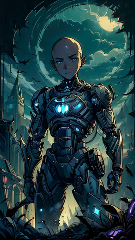 best quality,masterpiece,1boy,solo,(((13years old))),african boy,an extremely cute and handsome boy,highly detailed beautiful face and eyes,petit,cute face,lovely face,baby face,shy smile,show teeth,no hair,bald,flat chest,dark skin,skinny,slender(((wearing a Cyborg costume))),(((Heroic pose in Dark Midnight Fantasy style Gotham castle))),he is looking at the viewer,