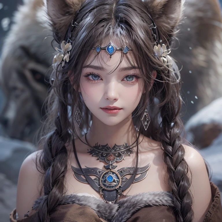 Lakeside surrounded by snowy mountains、Hair flow、 ((Highest quality、masterpiece、8K、Best image quality、Ultra-high resolution、Award-winning works)、(Accurate anatomy:1.1)、(Look at me and smile:1.1)、Shining fair skin with Ultra-high resolution、The most detailed face、Ultra-high resolution detailed face、Ultra-high resolutionの髪の毛、(Ultra-high resolutionの煌めく瞳:1.1)、Beautiful face drawn in every detail、Ancient Viking clothing, Chest to chest, tattoo, A real wolf is by your side