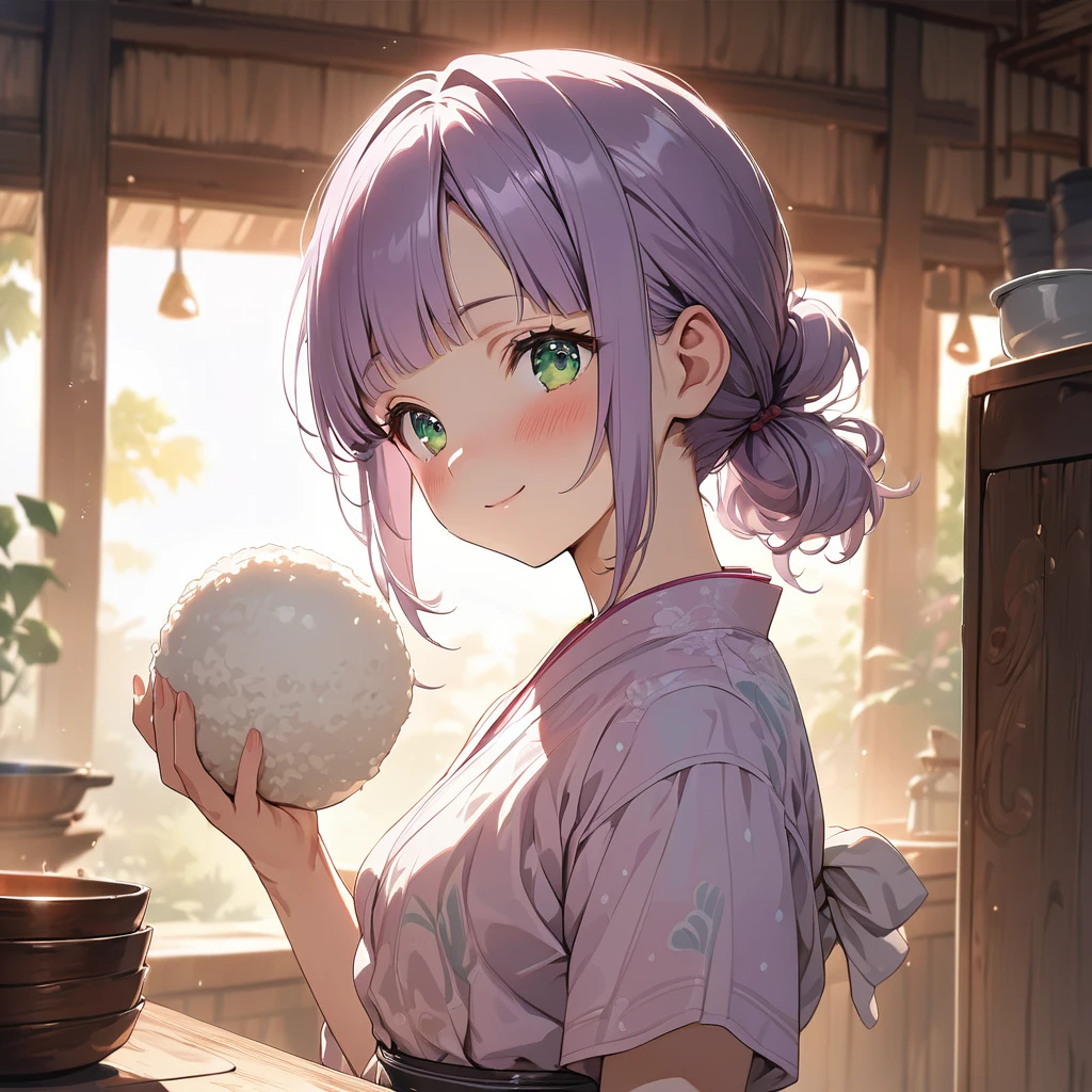 masterpiece, ultra detailed, 8K, a girl, kawaii, light atmosphere, (Cute a tsundere girl:1.5), anime visual, (tilt head:1.3), extremely delicate face, realistic lighting and shading, (an extremely delicate and beautiful art:1.3), a girl,blush,
from side, cowboy shot, pale purple hair, blunt bangs hair, green eyes, In the kitchen of a Taisho-style Western-style house, a woman is wearing a pink japanese kimono, a cooking apron, her hair tied back,  Holding rice ball, smiling, smiles, look at viewer,