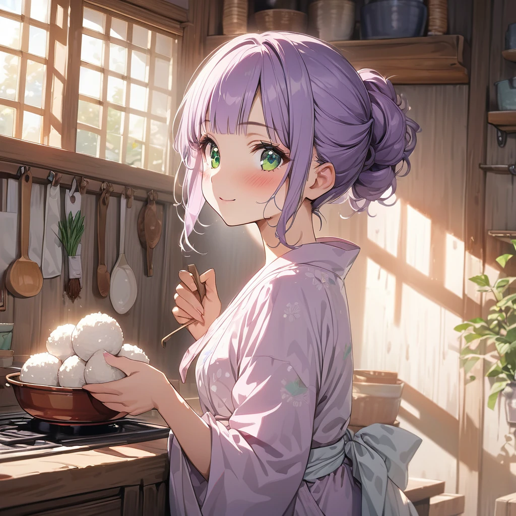 masterpiece, ultra detailed, 8K, a girl, kawaii, light atmosphere, (Cute a tsundere girl:1.5), anime visual, (tilt head:1.3), extremely delicate face, realistic lighting and shading, (an extremely delicate and beautiful art:1.3), a girl,blush,
from side, cowboy shot, pale purple hair, blunt bangs hair, green eyes, In the kitchen of a Taisho-style Western-style house, a woman is wearing a pink japanese kimono, a cooking apron, her hair tied back,  Holding rice ball, smiling, smiles, look at viewer,