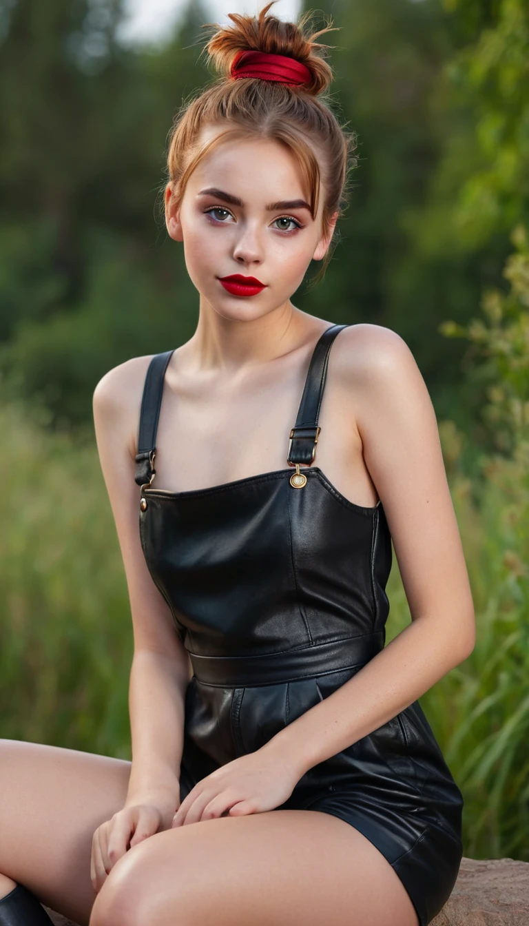 ultrarealistic high quality fullbody photo of a beautiful slim european  girl with cute hyperdetailed shy face and natural redhead short messy bun and mischievous face, realistic round hazel eyes, red lips, dark eye makeup with eyeliner, wearing black faux leather jumpsuit, hourglass body, outdoor shooting