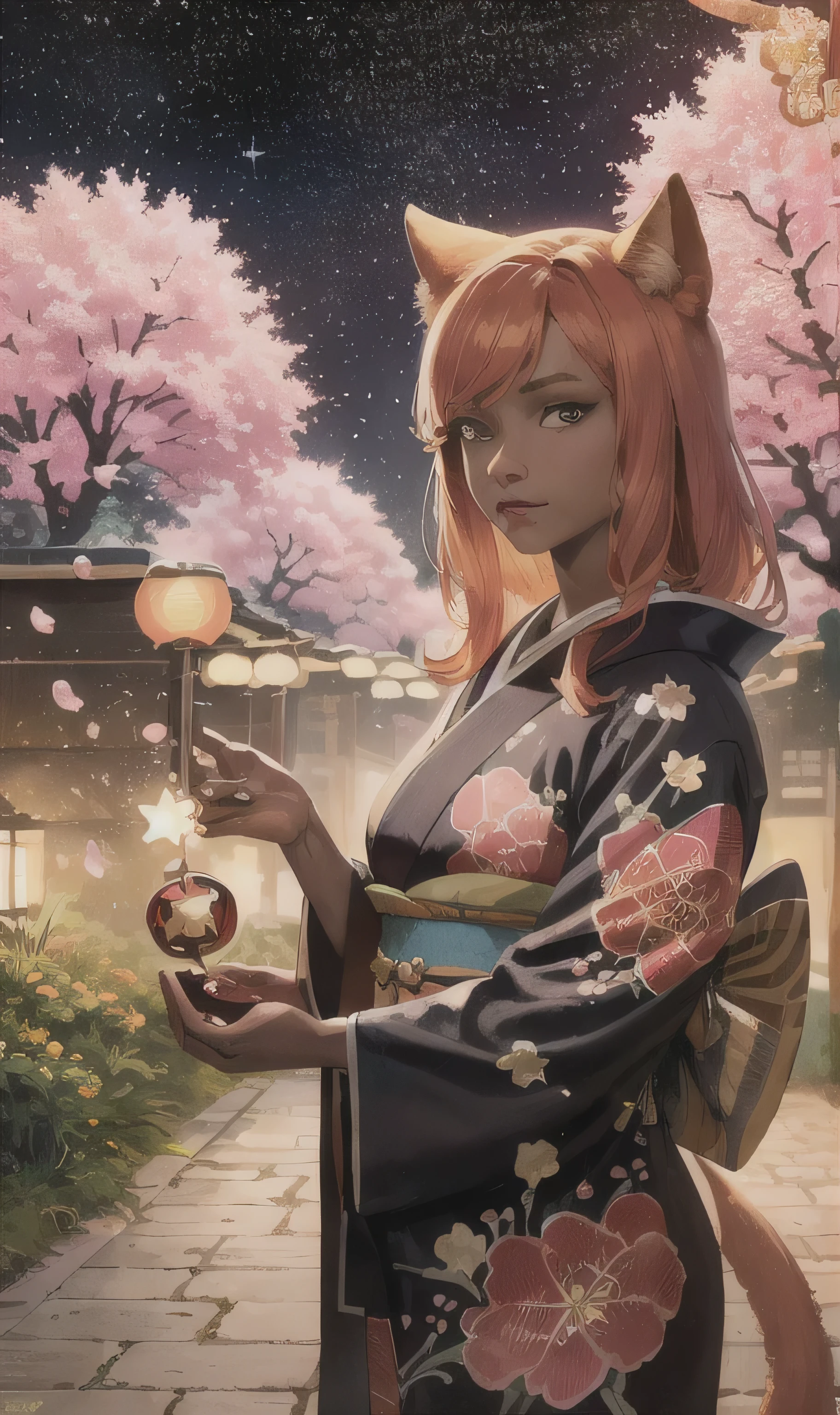 realistic, photo, tarot card, the Thief, (stars / many stars) ,1woman, catgirl, black skin, wearing kimono, ginger hair, holding Gold, stealing, cherry blossom, cosmos 