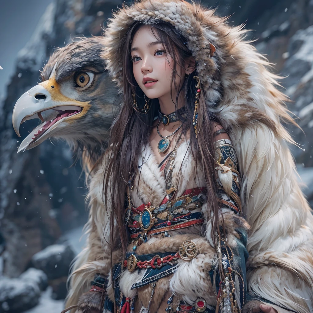 Hiding in the snowy mountains、Hair flow、 ((Highest quality、masterpiece、8K、Best image quality、Ultra-high resolution、Award-winning works)、(Accurate anatomy:1.1)、(Look at me and smile:1.1)、Shining fair skin with Ultra-high resolution、The most detailed face、Ultra-high resolution detailed face、Ultra-high resolutionの髪の毛、(Ultra-high resolutionの煌めく瞳:1.1)、Beautiful face drawn in every detail、(Blurred Background:1.1)、Ancient Inuit clothing, Chest to chest, tattoo, Old ruins in the background、Apart from the real giant eagle