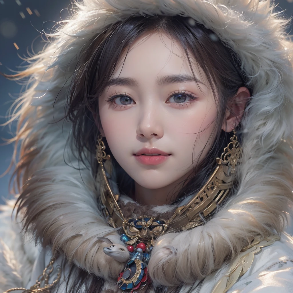 Hiding in the snowy mountains、Hair flow、 ((Highest quality、masterpiece、8K、Best image quality、Ultra-high resolution、Award-winning works)、(Accurate anatomy:1.1)、(Look at me and smile:1.1)、Shining fair skin with Ultra-high resolution、The most detailed face、Ultra-high resolution detailed face、Ultra-high resolutionの髪の毛、(Ultra-high resolutionの煌めく瞳:1.1)、Beautiful face drawn in every detail、(Blurred Background:1.1)、Ancient Inuit clothing, Chest to chest, tattoo, Old ruins in the background、Apart from the real giant eagle