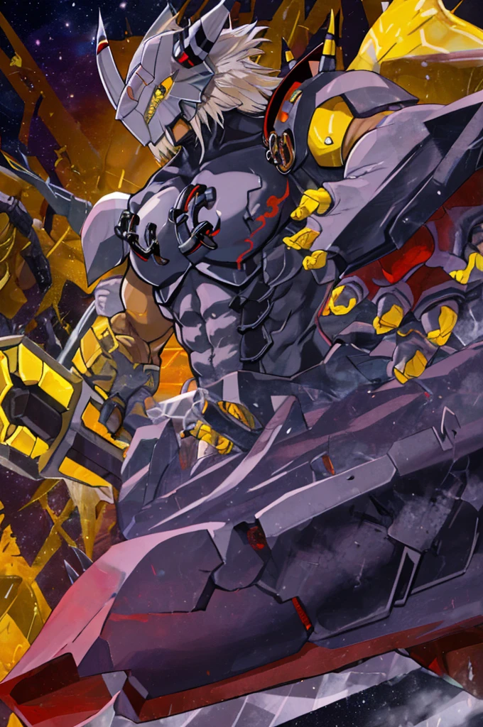(by null-ghost, by darkgem, by kumak), (wargreymon), safe, markings, black sclera, yellow eyes, male, solo, , , solo, muscular, colar, fancy, akihabara, , massive detailed penis, in private bedroom. Close up. Dim light. Front view. 8 pack abs. No armor. Huge penis. Saggy balls, front view