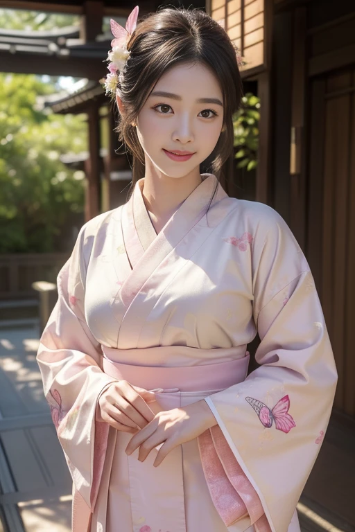 ((masterpiece, Extremely realistic, Photorealistic, Every detail counts, Highest quality, Realistic Shadows,Realistic glow, Every detail countsな目)), Maiko, 15 years old, Wearing a pink furisode, Butterfly pattern on sleeve, smile, In Kyoto