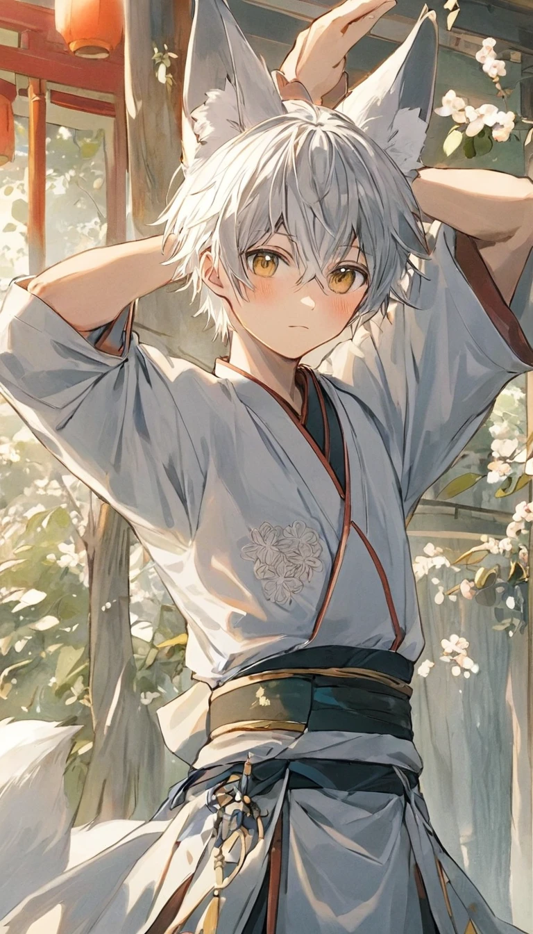 {best quality}, {very aesthetic}, {ultra-detailed}, {best illustration},  {{1boys}},silver haired anime boy, Fox Ears, Shy blush、spread your arms here、View here、Japanese clothing