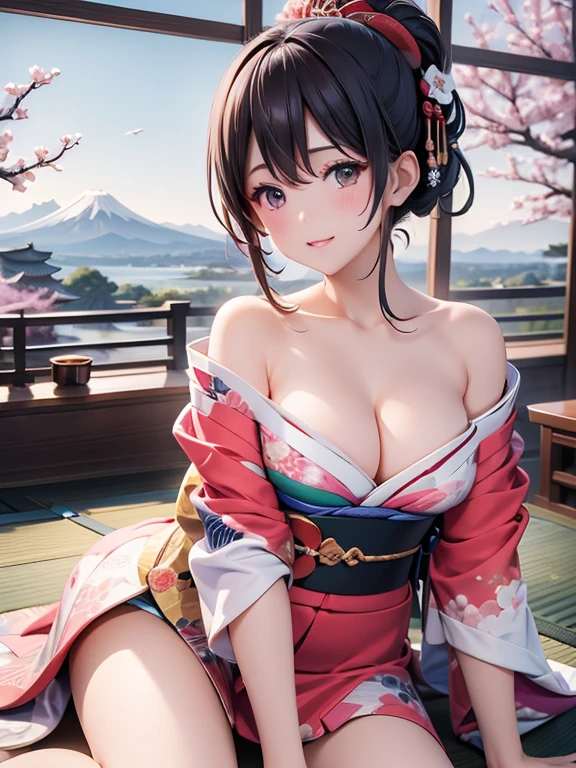 (Highest quality、masterpiece、High resolution、8K)、Vibrant colors、Ukiyo-e、Utamaro、Kimono Beauty、river、Mount Fuji in the distance、Japanese Landscape、Official Art、