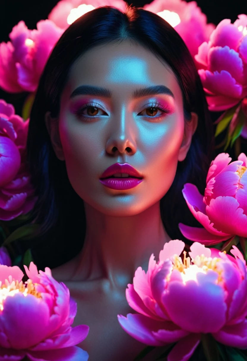 a woman with glowing neon peonies ultra detail, perfect symmetry, 4k flawless skin, photo captured by an Arriflex 35BL camera using Canon K25 prime lenses, cinematic, dramatic lighting, ultra clear, breathtaking surreal masterpiece. sensual pose