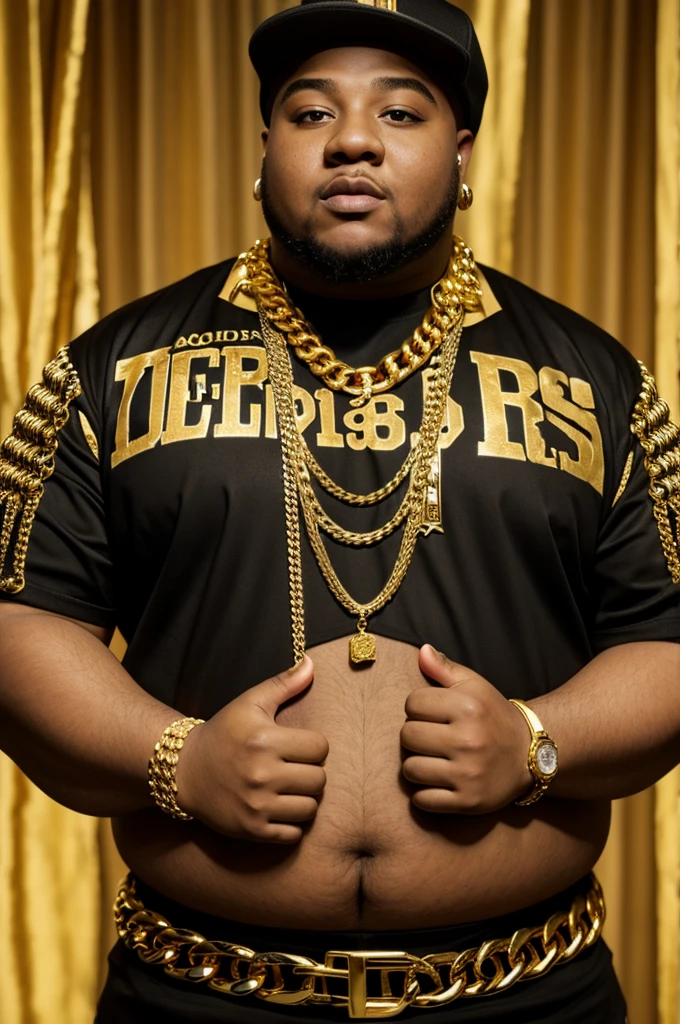 Chubby rapper with gold chains 