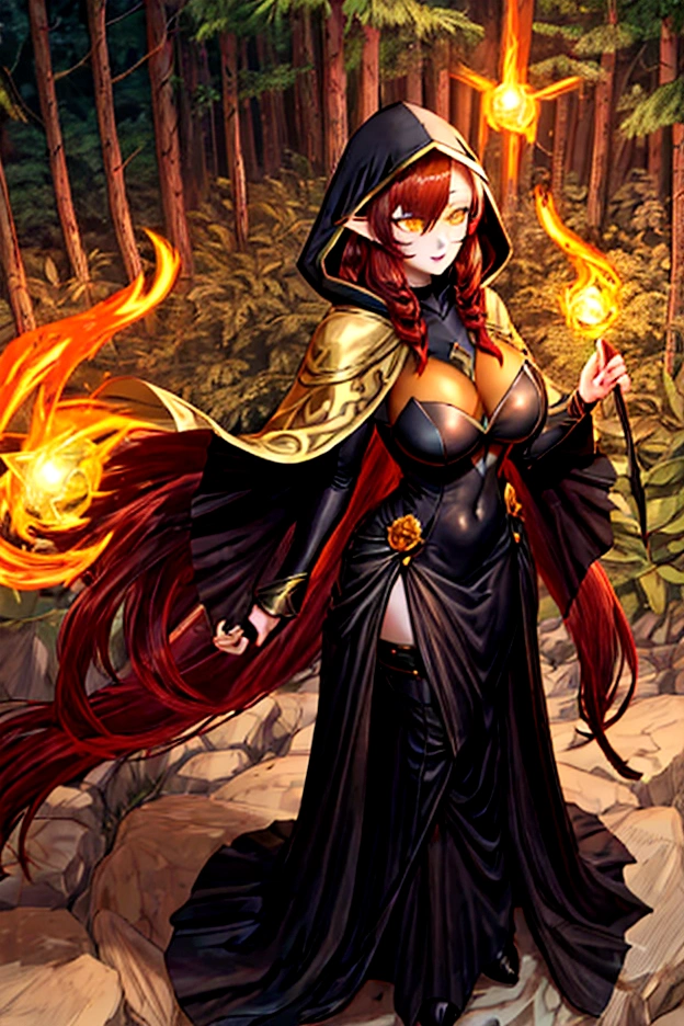 standing full body league of legends style, forest background at sunrise, vastaya black dress, brown cape with hood, long-haired redhead girl with red feathered ears and sharp yellow eyes, black background with yellow squares, neckline, woman with breasts, big breasts.