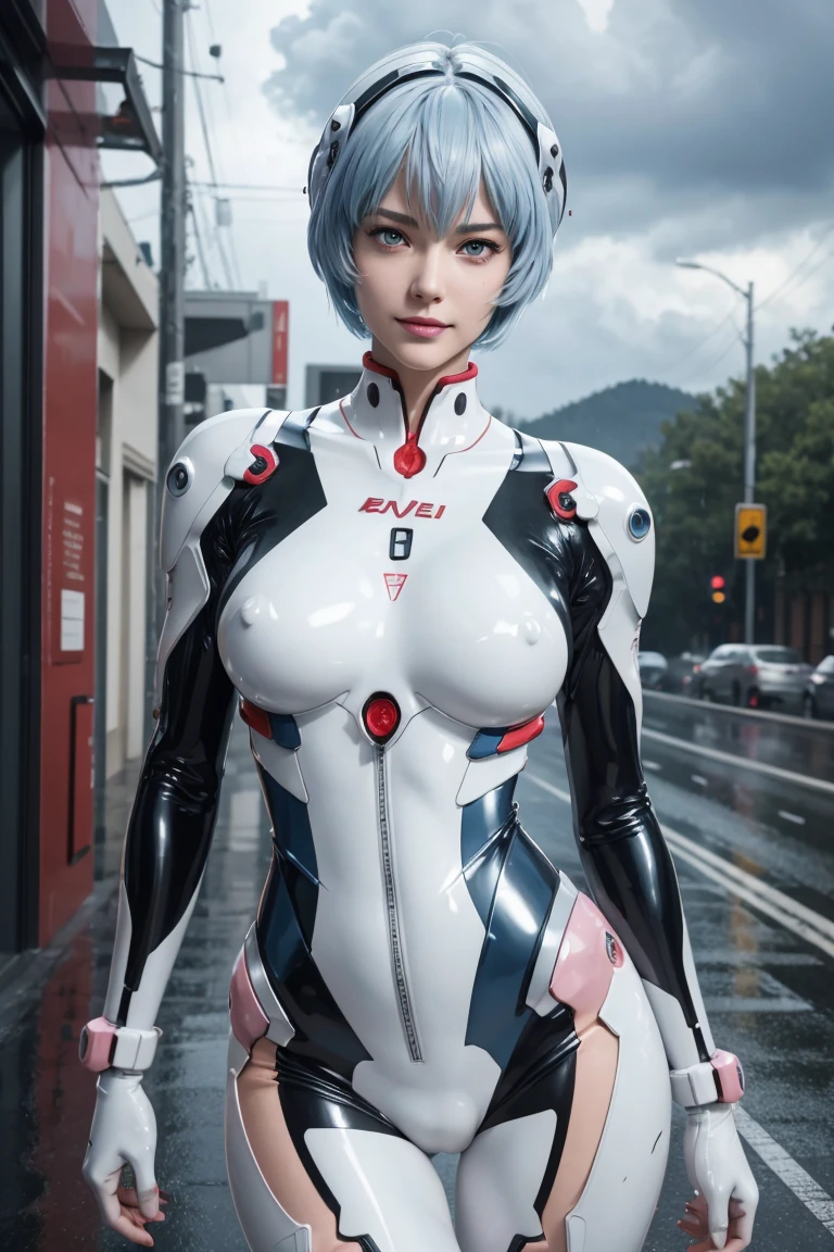 Evangelion,Rei Ayanami,Silver Blue Hair,Red eyes,Plug Suit,Bodysuits,Interface Headset,白いBodysuits,Ultra HD,super high quality,masterpiece,Digital SLR,Photorealistic,Detailed details,Vivid details,Depicted in detail,A detailed face,Detailed details,Super Detail,Realistic skin texture,Anatomical basis,Perfect Anatomy,Anatomically correct hand,Anatomically correct fingers,Complex 3D rendering,Sexy pose,Rainy Sky,Beautiful scenery,Fantastic rainy sky,Picturesque,Pink Lips,smile,
