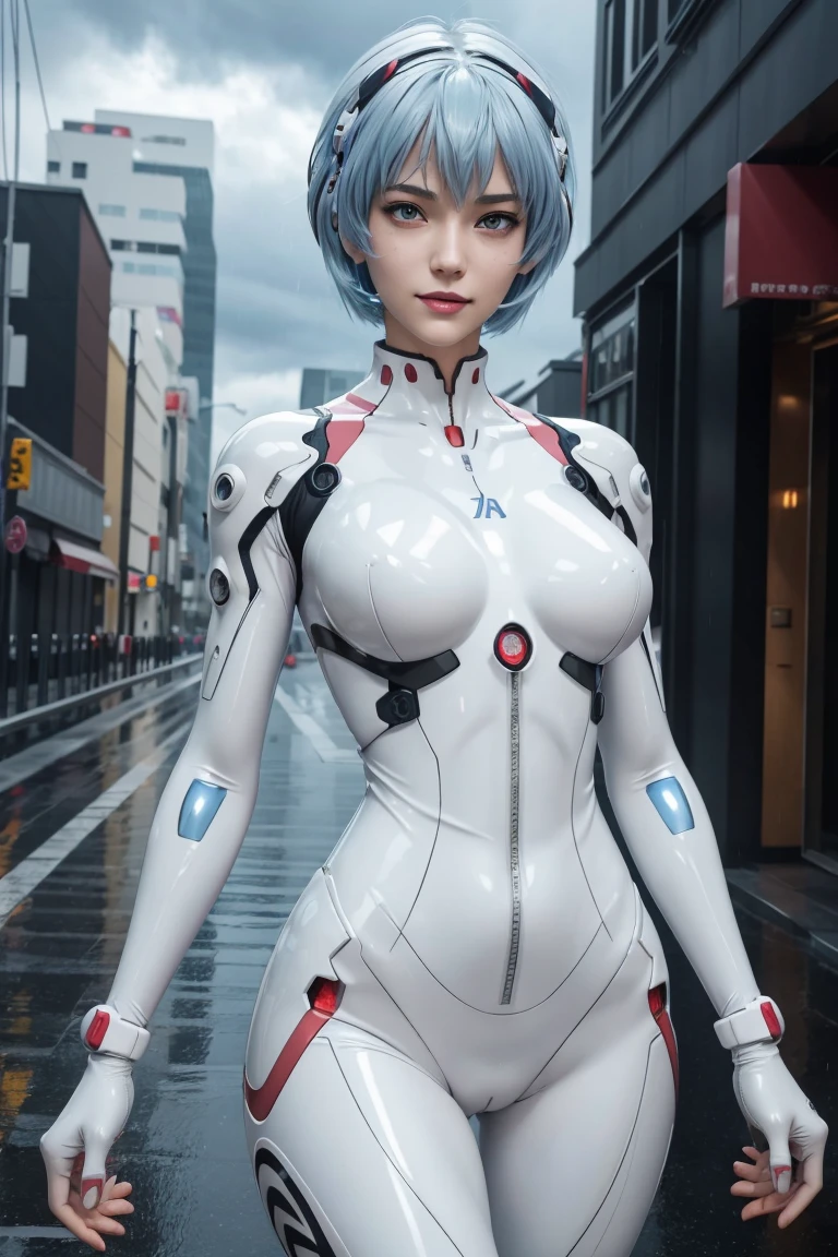 Evangelion,Rei Ayanami,Silver Blue Hair,Red eyes,Plug Suit,Bodysuits,Interface Headset,白いBodysuits,Ultra HD,super high quality,masterpiece,Digital SLR,Photorealistic,Detailed details,Vivid details,Depicted in detail,A detailed face,Detailed details,Super Detail,Realistic skin texture,Anatomical basis,Perfect Anatomy,Anatomically correct hand,Anatomically correct fingers,Complex 3D rendering,Sexy pose,Rainy Sky,Beautiful scenery,Fantastic rainy sky,Picturesque,Pink Lips,smile,