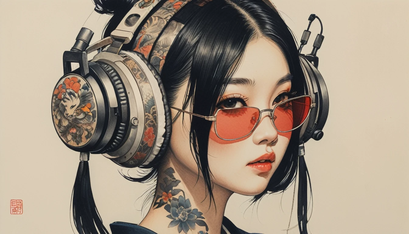 Ink Painting, (((1 girl))), (((Tattoo on face))), (((sunglasses))), Japanese style headphones, Japanese sword, beautiful girl, Black Hair, Delicate and precise, Modern ukiyo-e style, Maid