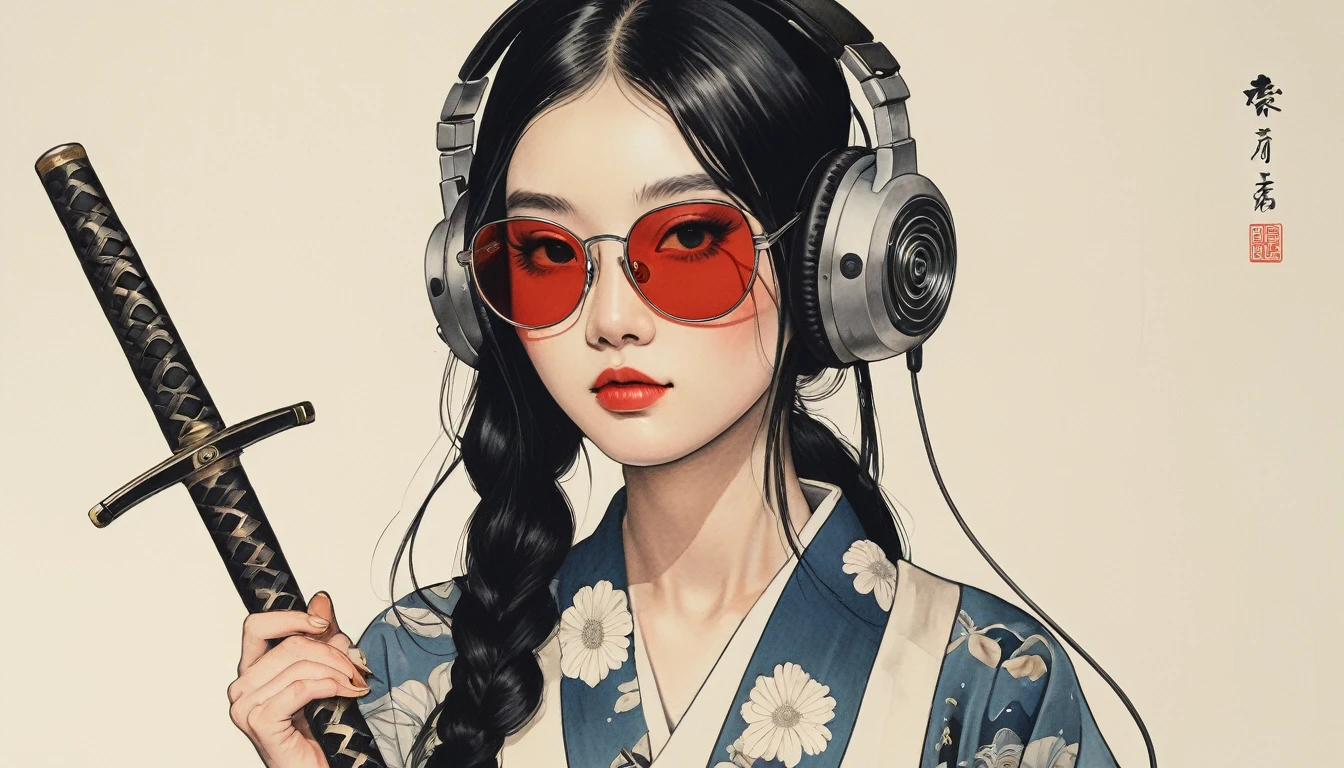 Ink Painting, (((1 girl))), (((Tattoo on face))), (((sunglasses))), Japanese style headphones, Japanese sword, beautiful girl, Black Hair, Delicate and precise, Modern ukiyo-e style, Maid