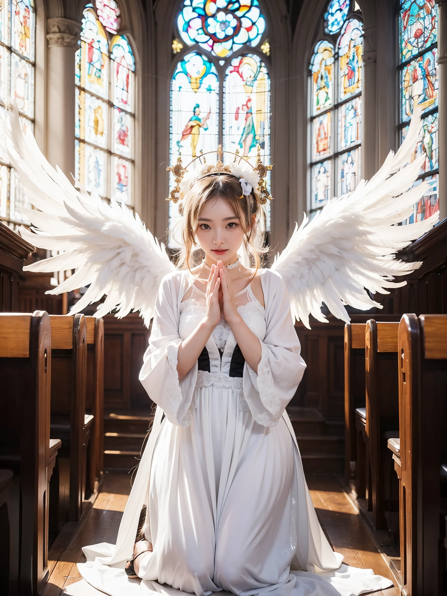 Beautiful Japanese Waifu, early 30s, brunette hair, fantasy angel costume, kneeling on church floor