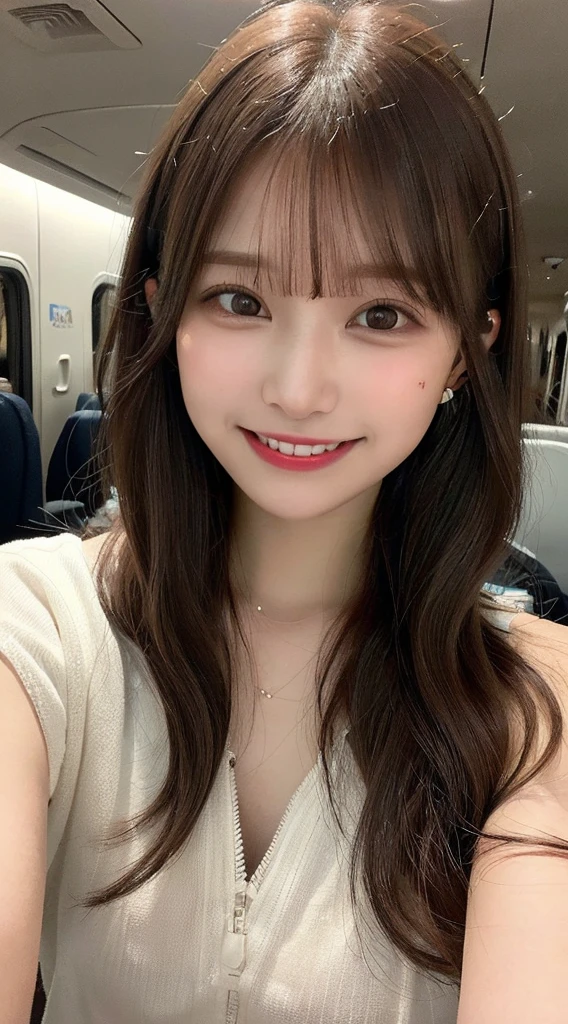 Highest quality, masterpiece, Ultra-high resolution, (Realistic:1.4),((Thin face:1.2)), (Close-up portrait) RAW Photos, 1 Girl,20-year-old,((Inside the Shinkansen)),((Wireless Earphones)),((Staring at your smartphone screen)),,((Asian Fashion)),Messy Hair,((Dark Chestnut Hair)),((Short bangs)),Realistic,Image Media Chest)),((Smiling with teeth showing)),((Big smile))
