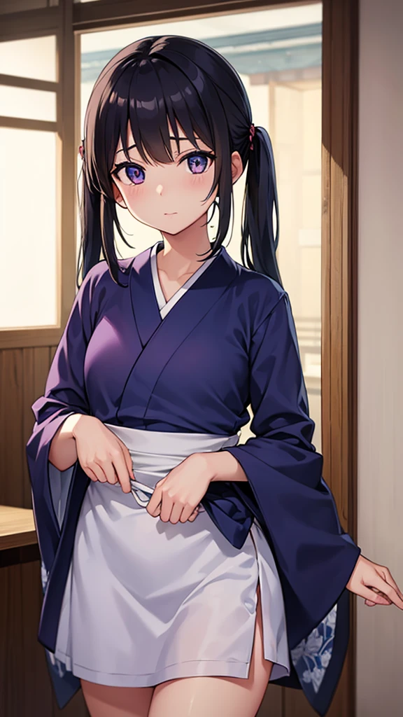 takinainoue, inoue takina, long hair, bangs, twintails, black hair, (purple eyes:1.1),
BREAK japanese clothes, kimono, apron, waist apron, blue kimono, waitress, Open kimono, underwear
BREAK indoors, cafe,
BREAK looking at viewer, (cowboy shot:1.5),
BREAK (masterpiece:1.2), best quality, high resolution, unity 8k wallpaper, (illustration:0.8), (beautiful detailed eyes:1.6), extremely detailed face, perfect lighting, extremely detailed CG, (perfect hands, perfect anatomy),