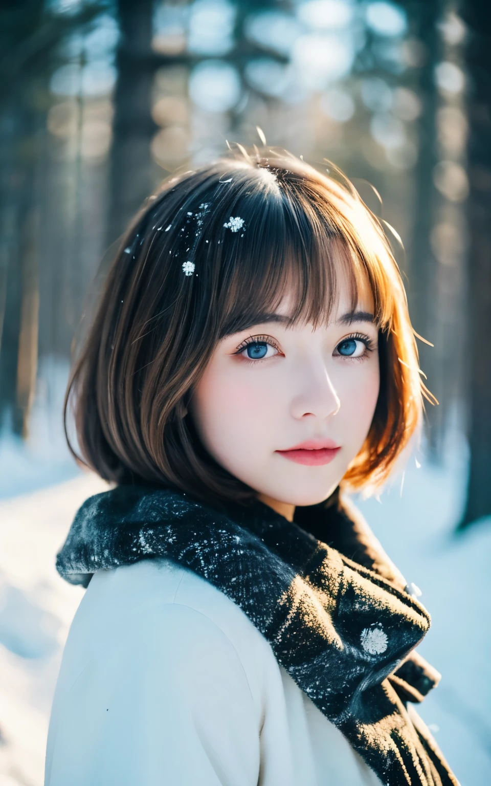 masterpiece, best quality, 8K, 1 girl, 1920s, Medium breasts, cute, Solitary, sad, Snow Scene, Forest covered with snow, cute的, Girlish feeling, delicate girl, The beauty of neatness, RAW photos, Professional photography, portrait, Soft Light, Professional lighting, Backlighting, Upper Body, Looking forward to your sight, complicated, Film Grain, (Eyes and face details:1.0), Short flowing hair, Beautiful flowing long brown hair, Warm winter jackets