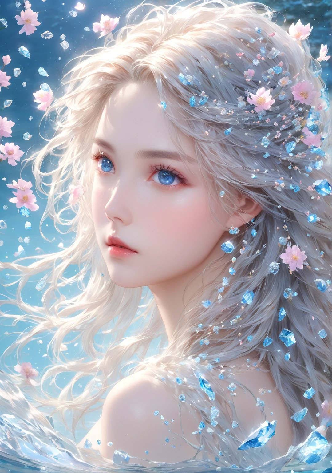 (masterpiece,Highest quality:1.5),masterpiece, Highest quality, Official Art, Very detailed CG 8K 壁紙, (Fluttering petals) (Detailed ice) , crystal texture skin, Cold look, ((Fox Ears)), Gray Hair, Long Hair, Messy Hair, blue eyes, View your viewers, Very delicate and beautiful, water, ((Detailed eye of beauty)), Very detailed, Cinema Lighting, ((Beautiful Face), fine water surface, (Original Portraits), Super detailed, Incredibly detailed, (an Very delicate and beautiful), Beautiful Eyes, Upper Body，whole body，Eye details, mysterious，手に小さなwater晶玉を持つ,upper body,from front
