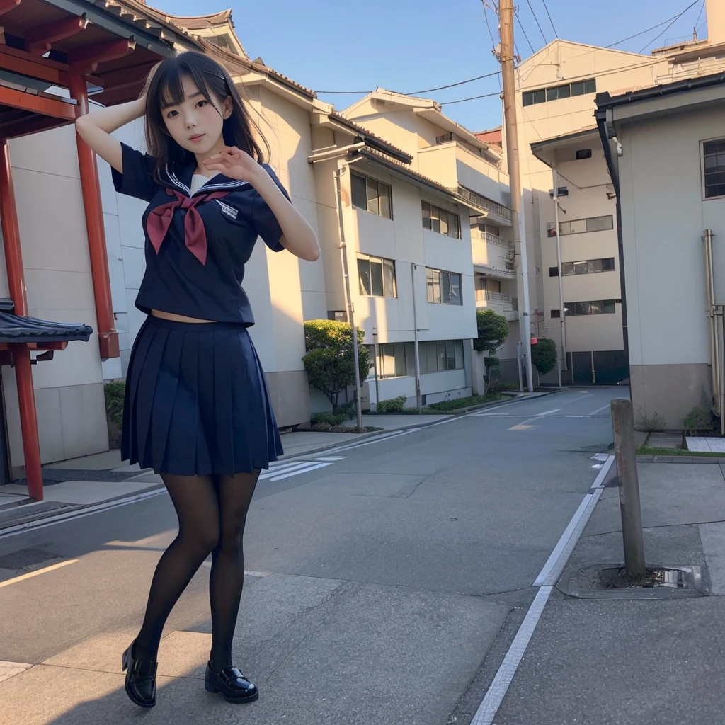 (((young Japanese girl jumping  wearing high school uniform))),(full body shot:2),  natural lighting, ultra sharp focus,huge breasts, ((beautiful face)), wearing pantyhose, wearing short sleeve, photo-realistic 
