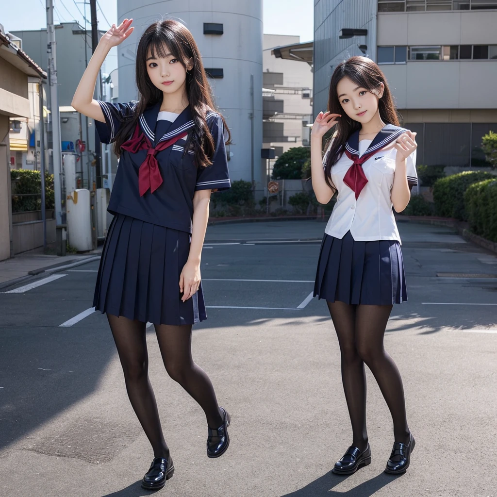 (((young Japanese girl jumping  wearing high school uniform))),(full body shot:2),  natural lighting, ultra sharp focus,huge breasts, ((beautiful face)), wearing pantyhose, wearing short sleeve, photo-realistic 