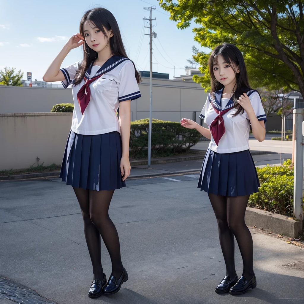 (((young Japanese girl jumping wearing high school uniform))),(full body shot:2), natural lighting, ultra sharp focus,huge breasts, ((beautiful face)), wearing pantyhose, wearing short sleeve, photo-realistic