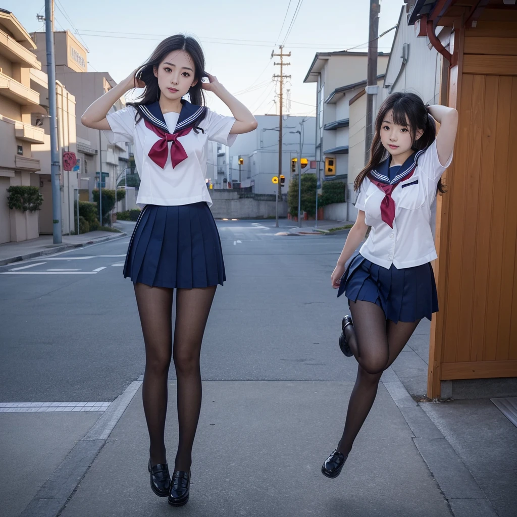 (((young Japanese girl jumping wearing high school uniform))),(full body shot:2), natural lighting, ultra sharp focus,huge breasts, ((beautiful face)), wearing pantyhose, wearing short sleeve, photo-realistic