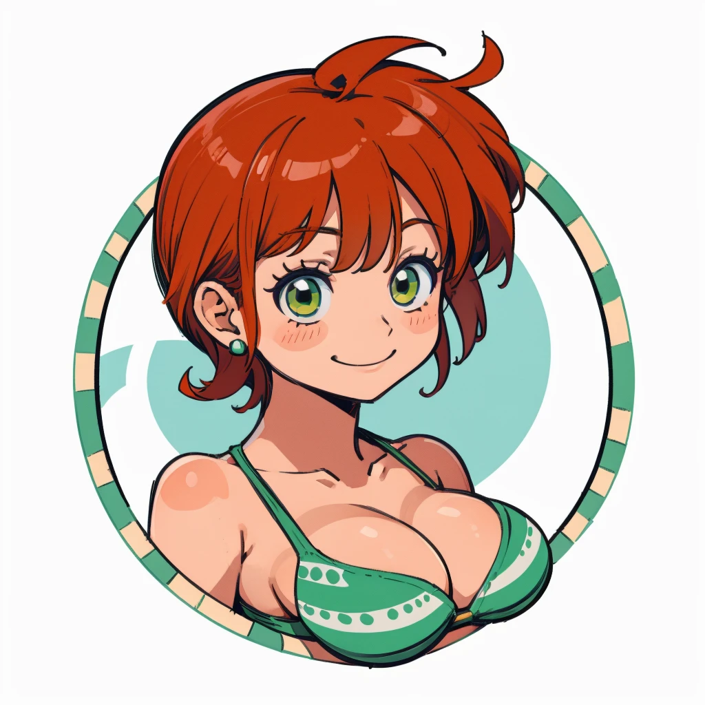 ((1girl,  nami from one piece, 1girl, white background, white shirt)), upper body, anatomically correct, chibi, simple background, smile, cleavage, looking at the viewer, green stripe bikini, green top