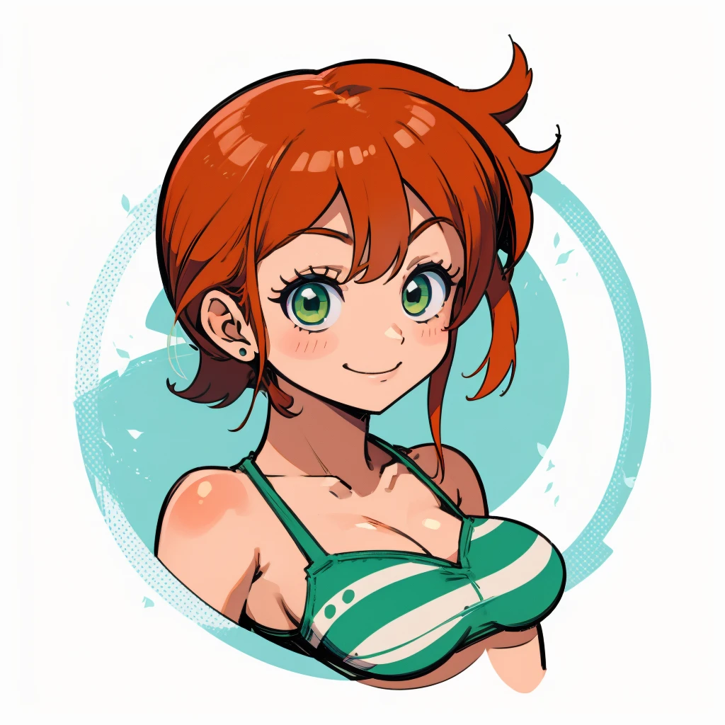 ((1girl,  nami from one piece, 1girl, white background, white shirt)), upper body, anatomically correct, chibi, simple background, smile, cleavage, looking at the viewer, green stripe bikini, green top