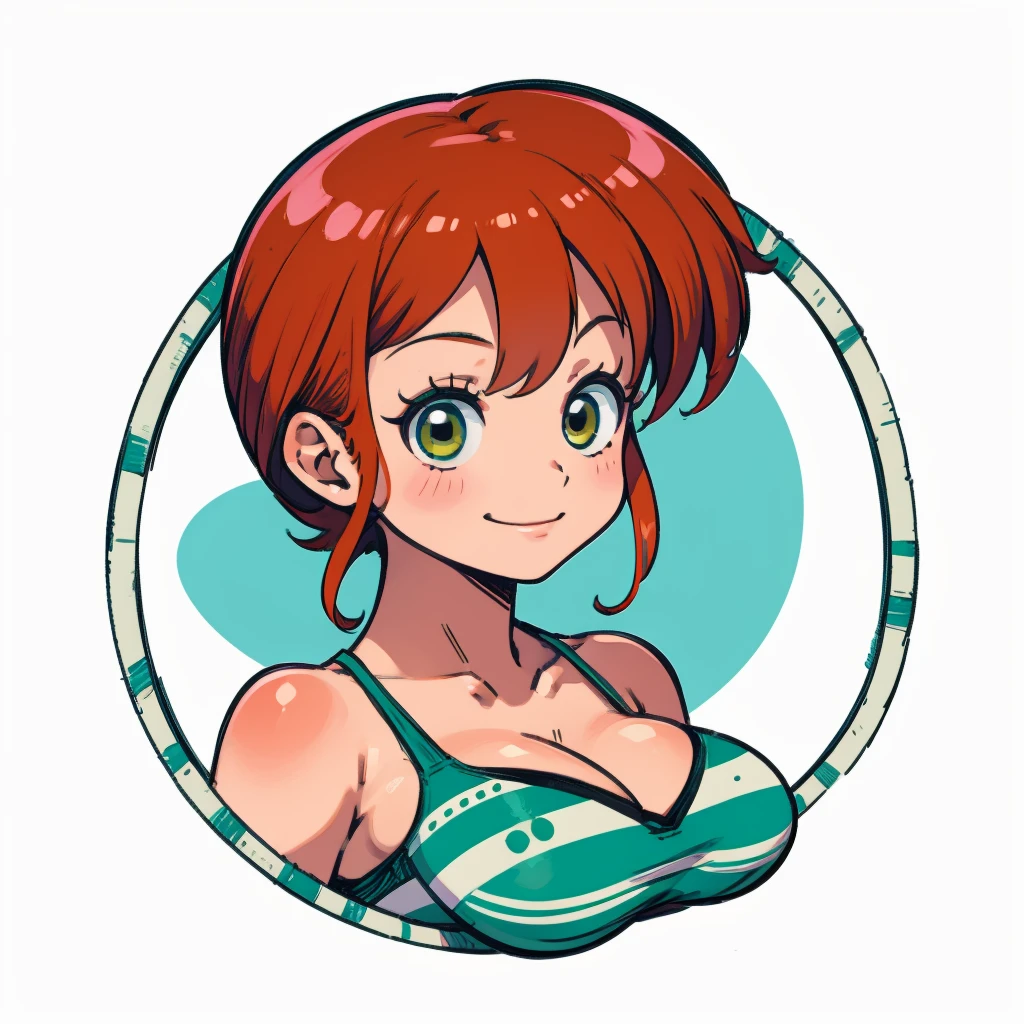 ((1girl,  nami from one piece, 1girl, white background, white shirt)), upper body, anatomically correct, chibi, simple background, smile, cleavage, looking at the viewer, green stripe bikini, green top