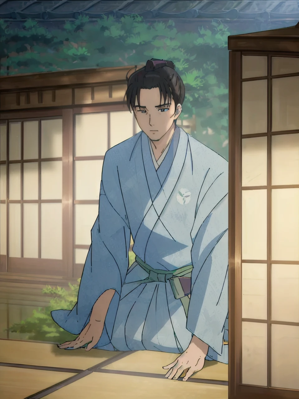masterpiece,((bestquality)),8k,high detailed,ultra-detailed,depth of field,wide angle,top down,Anime Style,(male kimono:1.3),comics style,Volumetric  Lighting,Cinematic  Lighting,
1boy,sugishita,adult,bored,Cinematic  Lighting,dynamic  angle,
male focus,solo,paw  pose,handsome face,workshop,spread  arms,