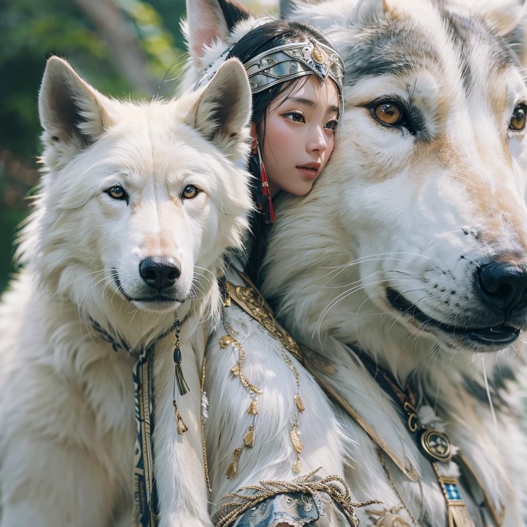 Shirakami-Sanchi、Hair flow、 ((Highest quality、masterpiece、8K、Best image quality、Ultra-high resolution、Award-winning works)、(Accurate anatomy:1.1)、(Look at me and smile:1.1)、Shining fair skin with Ultra-high resolution、The most detailed face、Ultra-high resolution detailed face、Ultra-high resolutionの髪の毛、(Ultra-high resolutionの煌めく瞳:1.1)、Beautiful face drawn in every detail、(Blurred Background:1.1)、Native American white costume, American Indian Clothing, Chest to chest, tattoo、A real giant condor next to you。Observe the white wolf