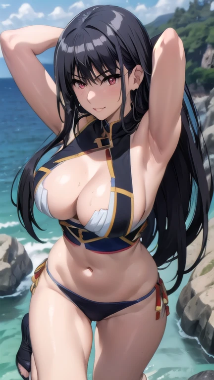 claire kagenou, 1girl, solo, black hair, long hair, red eyes, lips, midriff, masterpiece, best quality, very aesthetic, absurdres, newest, ai-generated, intricate, well endowed body, full body shot, wet body, sea, rocks, sexy pose, portrait neckline, developed obliques, smile, smug expression, well formed breasts, well formed buttocks, close up,sharp focus, perfect hands, perfect face, perfect eyes, perfect light, dynamic light, natural light, hands on hair in a seductive way, armpits, arms up,