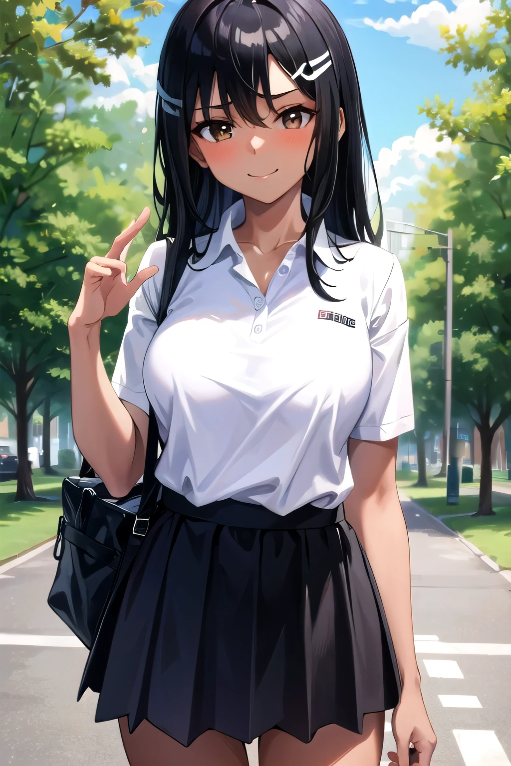 ((best quality)), ((masterpiece)), (details), one girl, sexy ((best quality)), ((masterpiece)), (details), one girl, sexy ((best quality)), ((masterpiece)), (details), one girl, full body,it's_nagatoro_main, Nagatoro Hayase, one girl, blushing, one person, uniform white polo shirt, black hair, brown eyes, hair accessory, looking at viewer, hair clip, smiling, long hair, dark skinned woman, dark skin, , bangs, daytime, skirt, collared shirt, collarbone, ear clip, mouth closed, tree, asymmetrical bangs, upper body